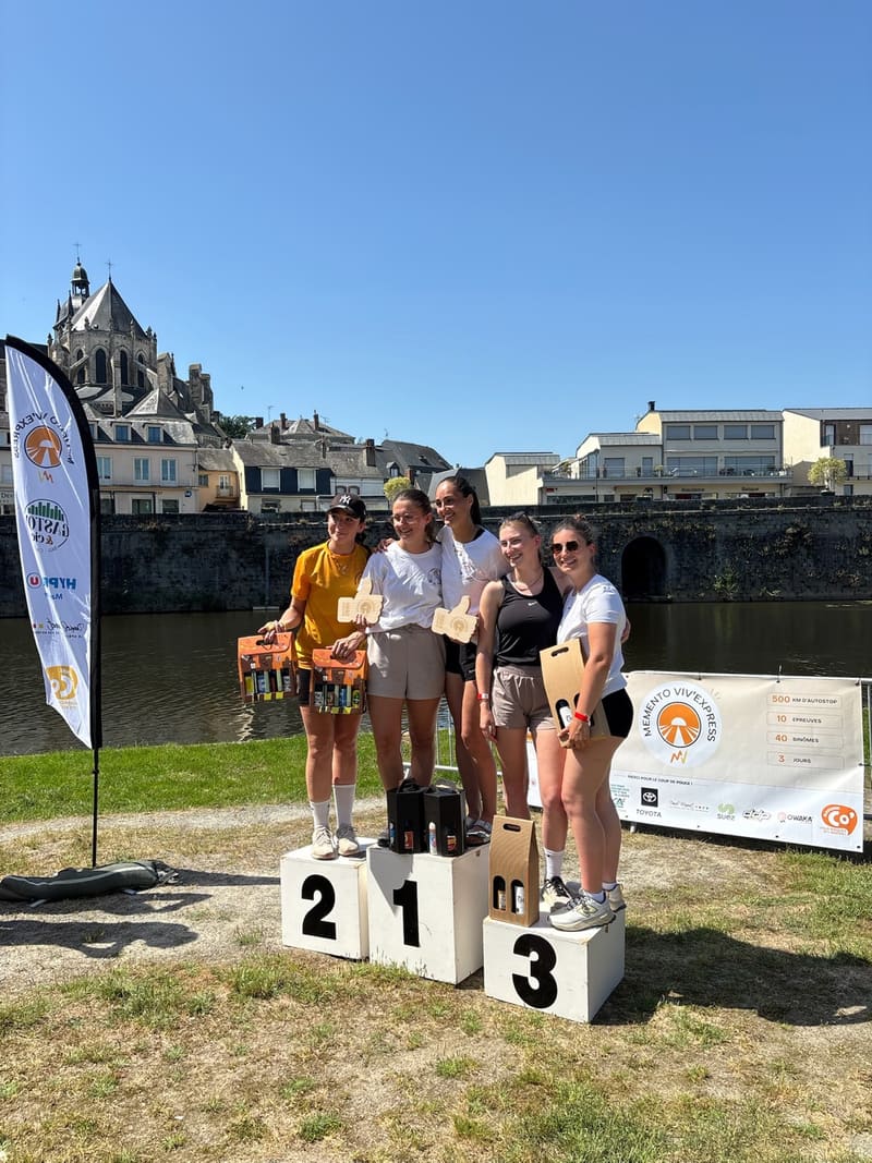 Le podium complet devant la banderole du Memento Viv'Express